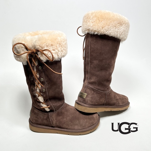 UGG Australia Upside 5163 BROWN Suede Sheepskin Shearling Lace Up  Boots Women 7 - Picture 1 of 15